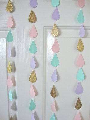Gold Pink Mint Lavender Raindrop Baby Shower Garland, Pastel Raindrop Garland, Baby Sprinkle Decoration, Paper Drops, Hanging Raindrops