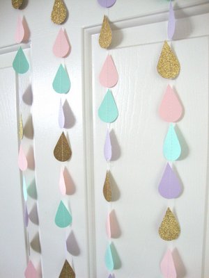 Gold Pink Mint Lavender Raindrop Baby Shower Garland, Pastel Raindrop Garland, Baby Sprinkle Decoration, Paper Drops, Hanging Raindrops