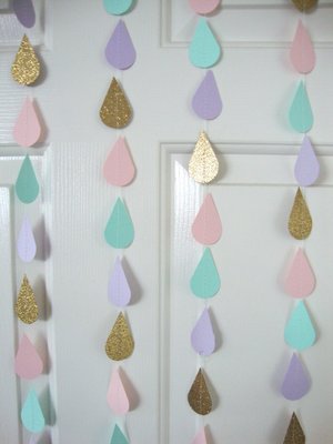 Gold Pink Mint Lavender Raindrop Baby Shower Garland, Pastel Raindrop Garland, Baby Sprinkle Decoration, Paper Drops, Hanging Raindrops