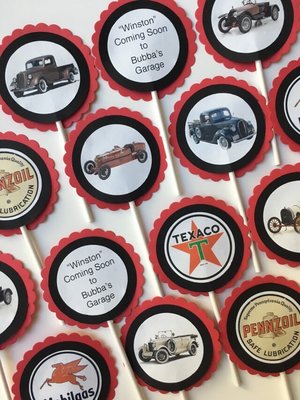 Custom Vintage Car-Themed Cupcake Toppers or Tags for Birthdays, Retirement, Baby Showers, etc.