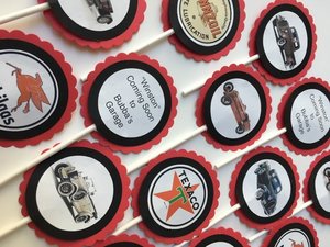Custom Vintage Car-Themed Cupcake Toppers or Tags for Birthdays, Retirement, Baby Showers, etc.