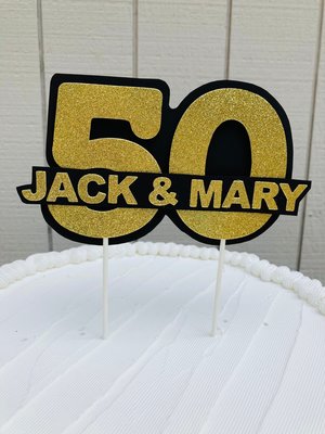Personalized gold glitter 50th anniversary cake topper, custom name, elegant number 50 decoration, gold wedding celebration decor