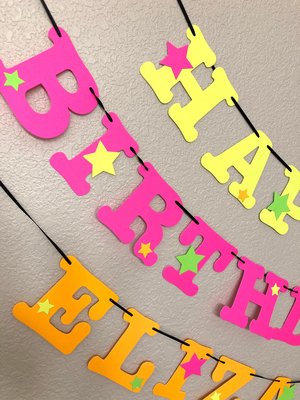 Star Glow Party Birthday Banner, Happy Birthday, Neon sign, UV Reflective Decor, Glow Party Supplies, Sweet 16 Neon Dance, Personalized Sign