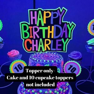 Glow Party Cake Topper, Neon Birthday Cake Topper, Personalized Cake Topper, UV Reflective Cake Decoration, Fluorescent Neon Cake Decor