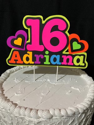 Neon Heart Personalized Glow Party Birthday Cake Topper, Glow in the Dark Decor, Sweet 16 Black Light Party, Name Age Cake Decoration