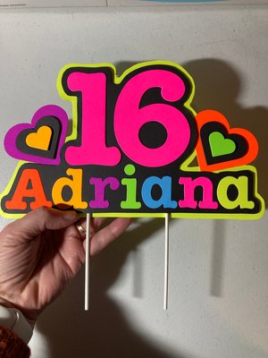 Neon Heart Personalized Glow Party Birthday Cake Topper, Glow in the Dark Decor, Sweet 16 Black Light Party, Name Age Cake Decoration