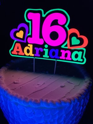 Neon Heart Personalized Glow Party Birthday Cake Topper, Glow in the Dark Decor, Sweet 16 Black Light Party, Name Age Cake Decoration