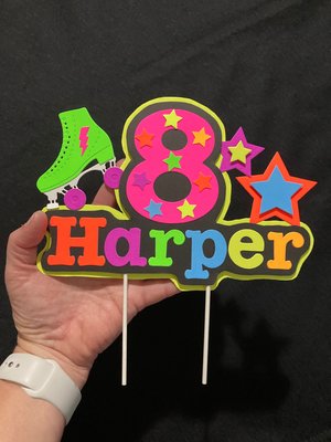 Roller Skate Birthday Party Cake Topper, Neon Cake Decoration, Skate Glow Party Birthday Decor, Personalized Name Age Topper, Child Birthday