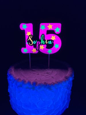 Neon Pink Age Glowing Cake Topper with Script Font Name