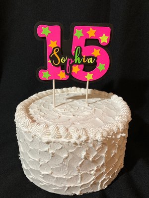 Neon Pink Age Glowing Cake Topper with Script Font Name