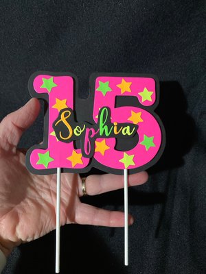 Neon Pink Age Glowing Cake Topper with Script Font Name