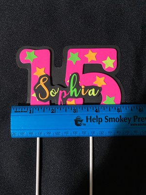 Neon Pink Age Glowing Cake Topper with Script Font Name