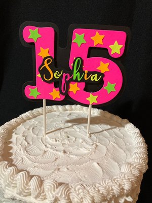 Neon Pink Age Glowing Cake Topper with Script Font Name