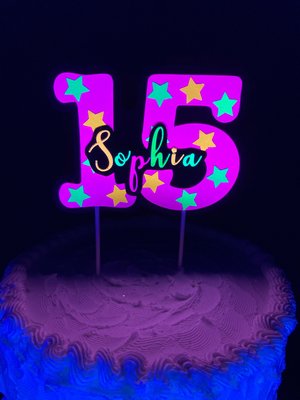 Neon Pink Age Glowing Cake Topper with Script Font Name