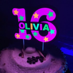 Neon Pink Glow Party Cake Topper, Personalized Birthday Centerpiece