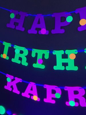 Glow Party Birthday Banner, Neon fluorescent birthday banner with garlands, UV Reflective Birthday Banner, Blacklight Party Sign, 80s Party