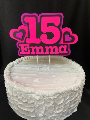 Pink and Purple Heart Neon Glow Party Cake Topper, Quineañera Black Light Party Decor, Personalized Name and Age Birthday Cake Decoration,