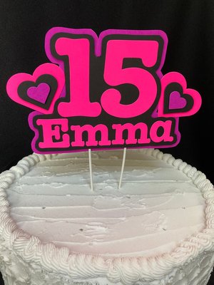 Pink and Purple Heart Neon Glow Party Cake Topper, Quineañera Black Light Party Decor, Personalized Name and Age Birthday Cake Decoration,