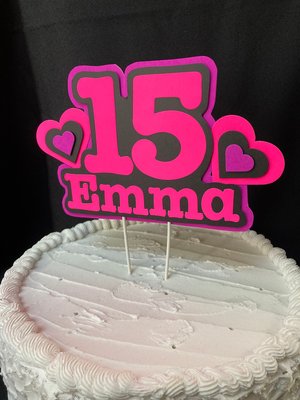 Pink and Purple Heart Neon Glow Party Cake Topper, Quineañera Black Light Party Decor, Personalized Name and Age Birthday Cake Decoration,