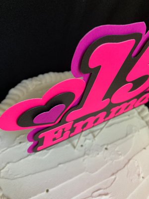 Pink and Purple Heart Neon Glow Party Cake Topper, Quineañera Black Light Party Decor, Personalized Name and Age Birthday Cake Decoration,