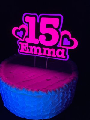 Pink and Purple Heart Neon Glow Party Cake Topper, Quineañera Black Light Party Decor, Personalized Name and Age Birthday Cake Decoration,