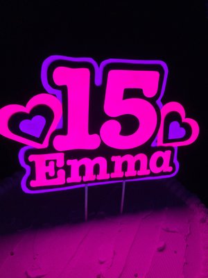Pink and Purple Heart Neon Glow Party Cake Topper, Quineañera Black Light Party Decor, Personalized Name and Age Birthday Cake Decoration,