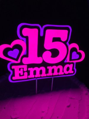 Pink and Purple Heart Neon Glow Party Cake Topper, Quineañera Black Light Party Decor, Personalized Name and Age Birthday Cake Decoration,