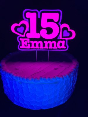 Pink and Purple Heart Neon Glow Party Cake Topper, Quineañera Black Light Party Decor, Personalized Name and Age Birthday Cake Decoration,