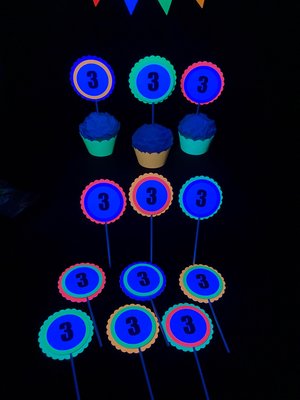 Neon Birthday Cupcake Toppers, Black Light Party Decor, Fluorescent Cupcake Decoration, Birthday Number Topper, UV Reflective, 3rd Birthday