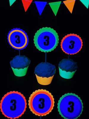 Neon Birthday Cupcake Toppers, Black Light Party Decor, Fluorescent Cupcake Decoration, Birthday Number Topper, UV Reflective, 3rd Birthday