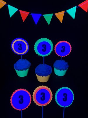 Neon Birthday Cupcake Toppers, Black Light Party Decor, Fluorescent Cupcake Decoration, Birthday Number Topper, UV Reflective, 3rd Birthday