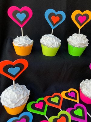 Neon Heart Cupcake Toppers, Glow in the Dark Hearts, Glow Party Supply, Cupcake Decor, Black Light Decoration, Fluorescent UV Reflective