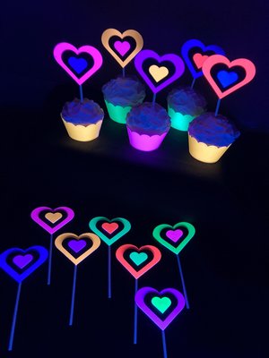 Neon Heart Cupcake Toppers, Glow in the Dark Hearts, Glow Party Supply, Cupcake Decor, Black Light Decoration, Fluorescent UV Reflective