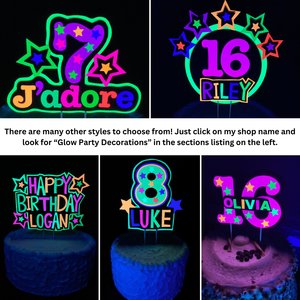 Neon Birthday Cake Topper with Name, Glow Party Cake Centerpiece, Retro 80s Event, Black Light Reflective Decoration, Fun Milestone Birthday