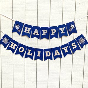 Happy Holidays navy and silver banner, snowflake holiday banner, winter party decor, Christmas mantel decoration, embossed card stock banner