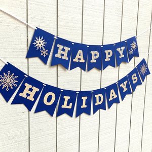 Happy Holidays navy and silver banner, snowflake holiday banner, winter party decor, Christmas mantel decoration, embossed card stock banner