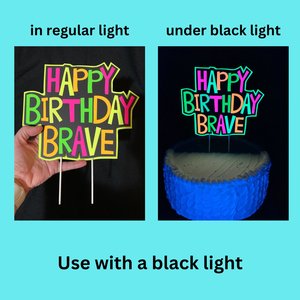 Neon Birthday Cake Topper with Name, Glow Party Cake Centerpiece, Retro 80s Event, Black Light Reflective Decoration, Fun Milestone Birthday