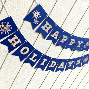Happy Holidays navy and silver banner, snowflake holiday banner, winter party decor, Christmas mantel decoration, embossed card stock banner
