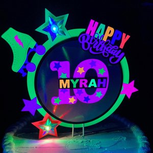 Skate Birthday Party Cake Topper with name and age, Glow Party Cake Decor, Neon Roller Skate Decoration, Personalized Blacklight Centerpiece