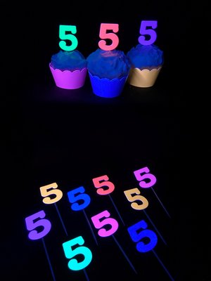 Set of 12 Glow Birthday Party Cupcake Toppers, Neon Number Picks, UV Reflective Cake Topper with Age, Retro 80s Birthday Celebration Decor