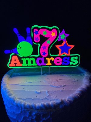 Bowling Birthday Party Cake Topper, Personalized Glow Party Cake Decoration with Name and Age, Colorful Neon Fluorescent Centerpiece