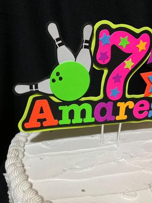 Bowling Birthday Party Cake Topper, Personalized Glow Party Cake Decoration with Name and Age, Colorful Neon Fluorescent Centerpiece