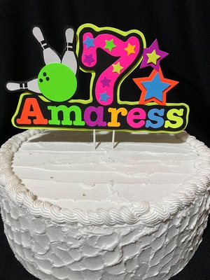 Bowling Birthday Party Cake Topper, Personalized Glow Party Cake Decoration with Name and Age, Colorful Neon Fluorescent Centerpiece