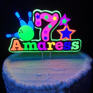 Bowling Birthday Party Cake Topper, Personalized Glow Party Cake Decoration with Name and Age, Colorful Neon Fluorescent Centerpiece