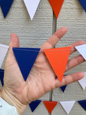 Homecoming Decoration, Blue and Orange Paper Triangle Flag Pennant, College Game Day Streamers, Custom Sports Banner, Tailgate Party
