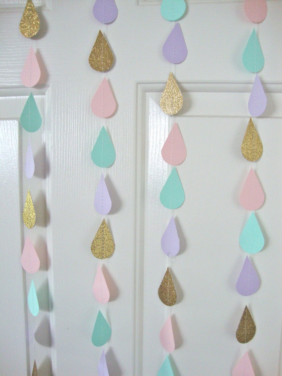 Gold Pink Mint Lavender Raindrop Baby Shower Garland, Pastel Raindrop Garland, Baby Sprinkle Decoration, Paper Drops, Hanging Raindrops