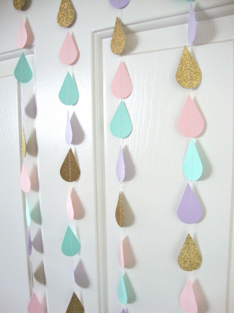 Gold Pink Mint Lavender Raindrop Baby Shower Garland, Pastel Raindrop Garland, Baby Sprinkle Decoration, Paper Drops, Hanging Raindrops