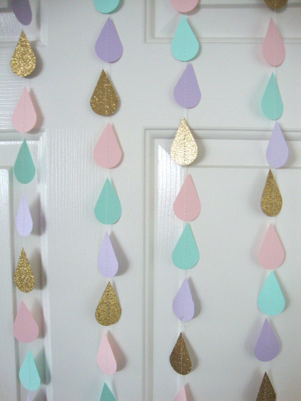 Gold Pink Mint Lavender Raindrop Baby Shower Garland, Pastel Raindrop Garland, Baby Sprinkle Decoration, Paper Drops, Hanging Raindrops