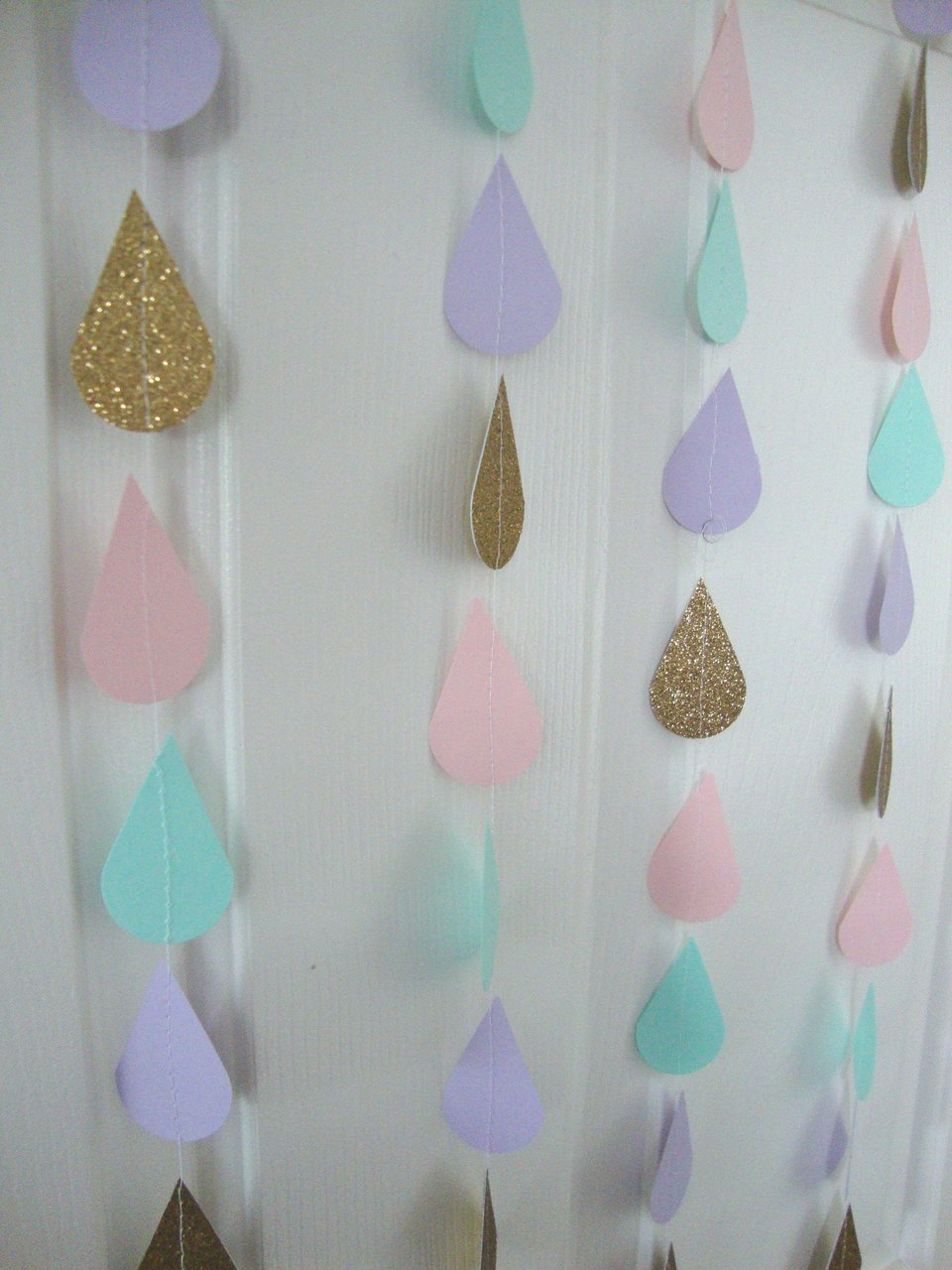 Gold Pink Mint Lavender Raindrop Baby Shower Garland, Pastel Raindrop Garland, Baby Sprinkle Decoration, Paper Drops, Hanging Raindrops