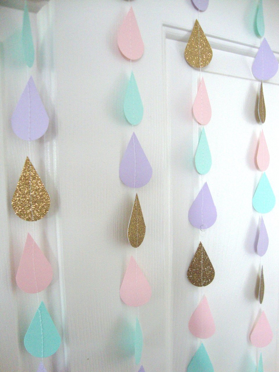 Gold Pink Mint Lavender Raindrop Baby Shower Garland, Pastel Raindrop Garland, Baby Sprinkle Decoration, Paper Drops, Hanging Raindrops